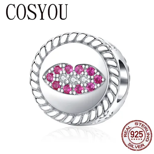 

COSYOU Genuine 925 Sterling Silver Round Beads for Women Jewelry Making Kiss Lips Charm fit Original Silver 925 Jewelry SCC1347