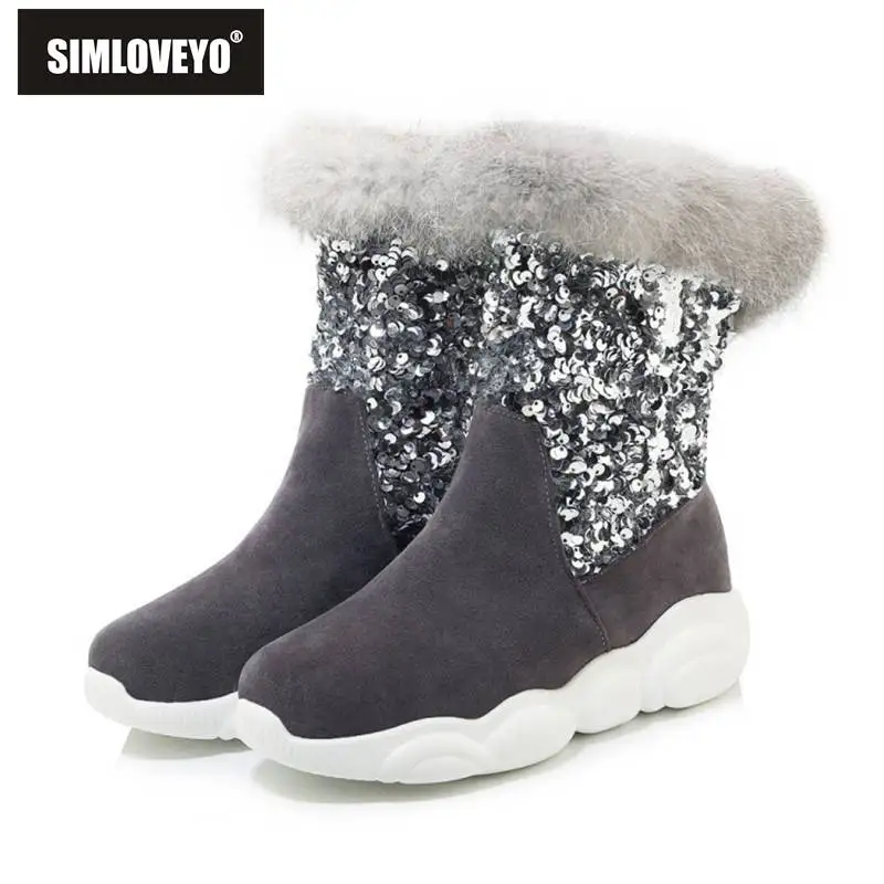 

SIMLOVEYO Women Mid-Calf Boots Round Toe Fur Faux leather Pull On Platform Glitter Big size 46 Casual Snow Winter bottes B1698