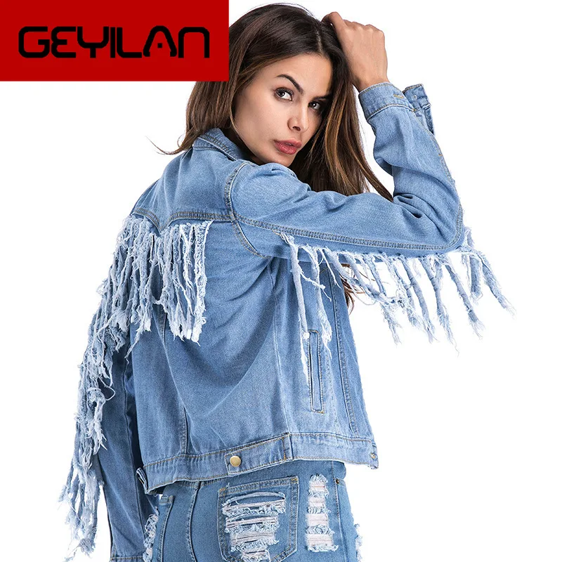 

2019 Women Back Tassel Denim Coats and Jackets Long Sleeve Single Breasted Casual Jeans Jacket Causal Streetwear Plus Size 5XL