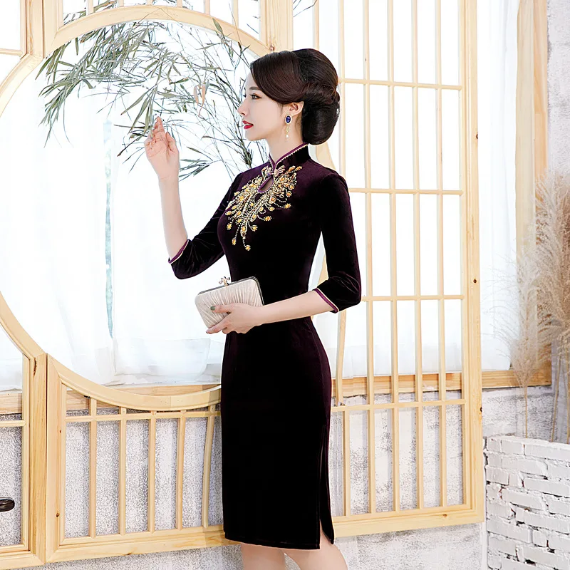 Горячее китайское свадебное платье женское платье средней длины Cheongsam Золотое тонкое китайское традиционное платье женское Qipao для свадебной вечеринки вышивка