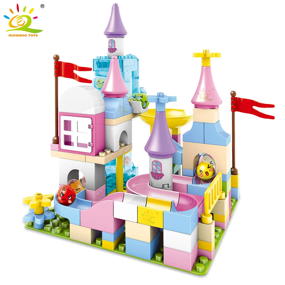 

HUIQIBAO 107Pcs Big Size DIY Electric Track Slide Building Blocks Duploed Castle Marble Run Race Funnel Bricks Toys Children