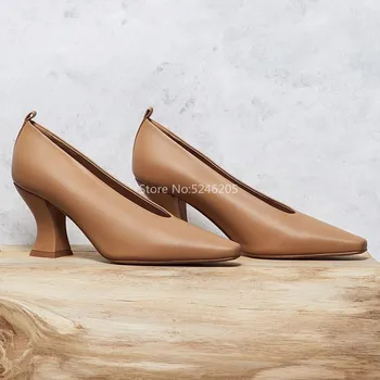 

7CM High Heels Classic Fashion Women Pumps New Arrival V-cut Women Dress Shoes Genuine Leather Square Heels