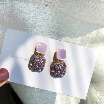 

Korean Style Fragrant Taro Purple Geometric Square Clip Earrings Temperament Shinny Rhinestones Square Ear Clip Earrings No Hole