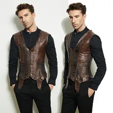 Стимпанк мужские темно-коричневые s готическая одежда жилеты из искусственной кожи жилет 12 стальных костей удлиненный корсет Прямая
