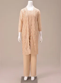 

Three Piece Muslim Lace Jacket Outfit Mother Of the Bride Dress Pants Suit Lace For Wedding Grooman Formal Evening Gown SLD-M03