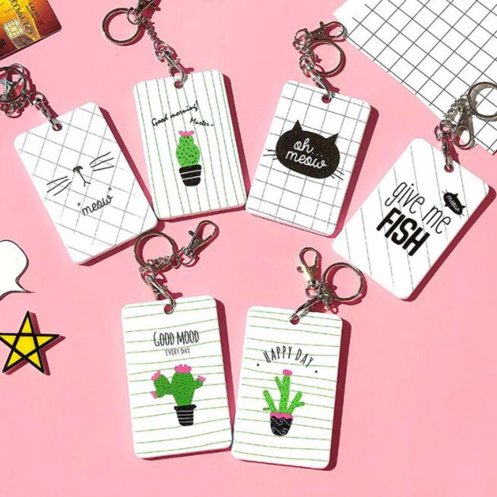 

New Cute / Cat Cactus Bank Credit Card Holder Women Card Cover Bus Id Card Case Holders Identity Badge With Keychain