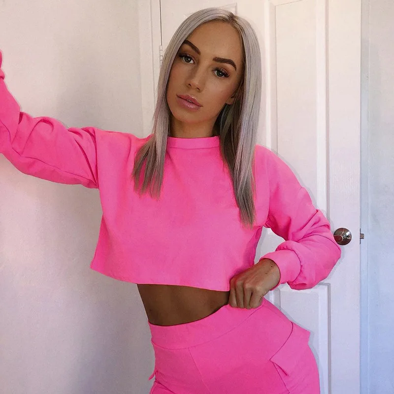 

Goocheer Autumn Sweatshirt Women Tops Female Long Sleeve O Neck Neon Green Pink Kpop Cropped Ladies Hoodies Women Pullover
