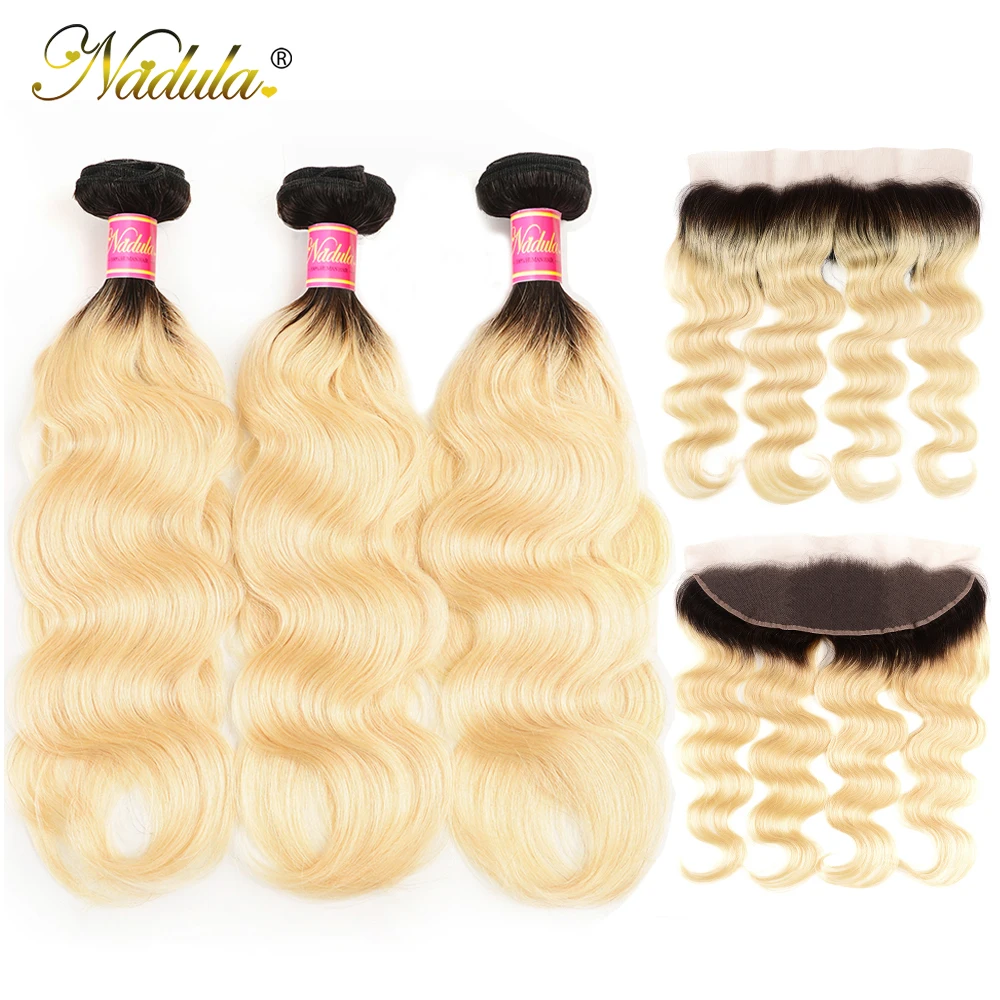 Nadula Hair Body Wave Hair Bundles With Lace Frontal 3 Bundles T1b/613 Hair 13*4 Bundles With Closure