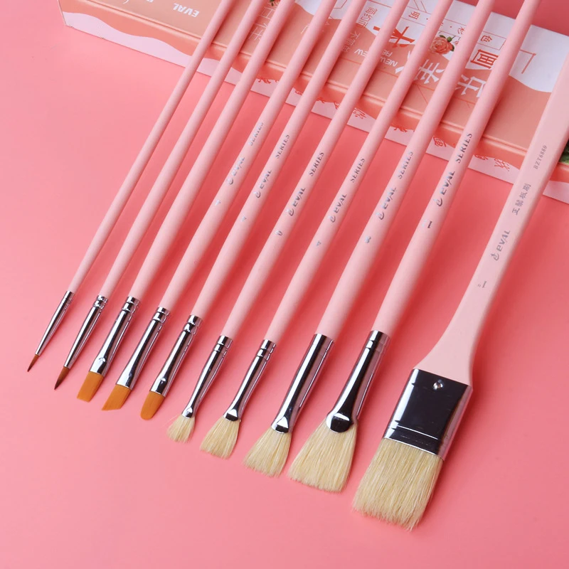 10pcs sets of pig bristle fan-shaped paint brush gouache nylon hair  multifunctional pink birch long rod acrylic watercolor brush - AliExpress