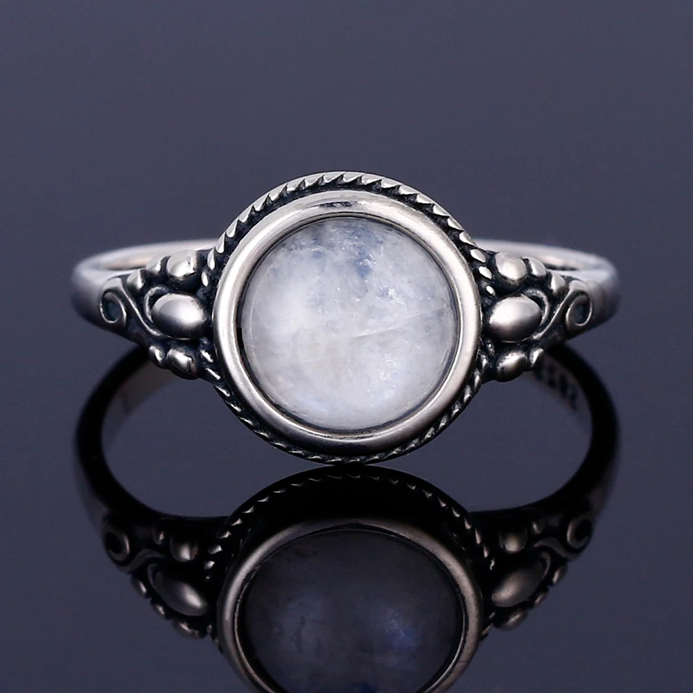 Men And Women 925 Sterling Silver Jewelry Ring Round 8MM Natural Moonstone Ring Bohemian Style Engagement Wedding Party Gift silver rings silver ring wedding rings
