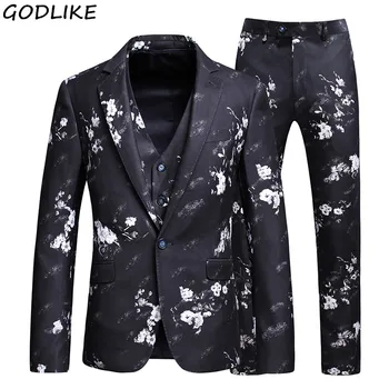 

Men Flower Printed single Breasted Suit Set Slim Fit Wedding Suits Mens Groom Tuxedos ( jacket+Pants+vest) Plus size 4XL 5XL