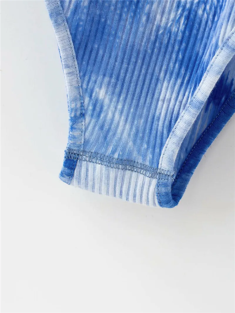 women fashion blue tie-dye print summer beach style bodysuit 2020 sexy lady bodycon sleeveless tops bodysuits femme neon bodysuit