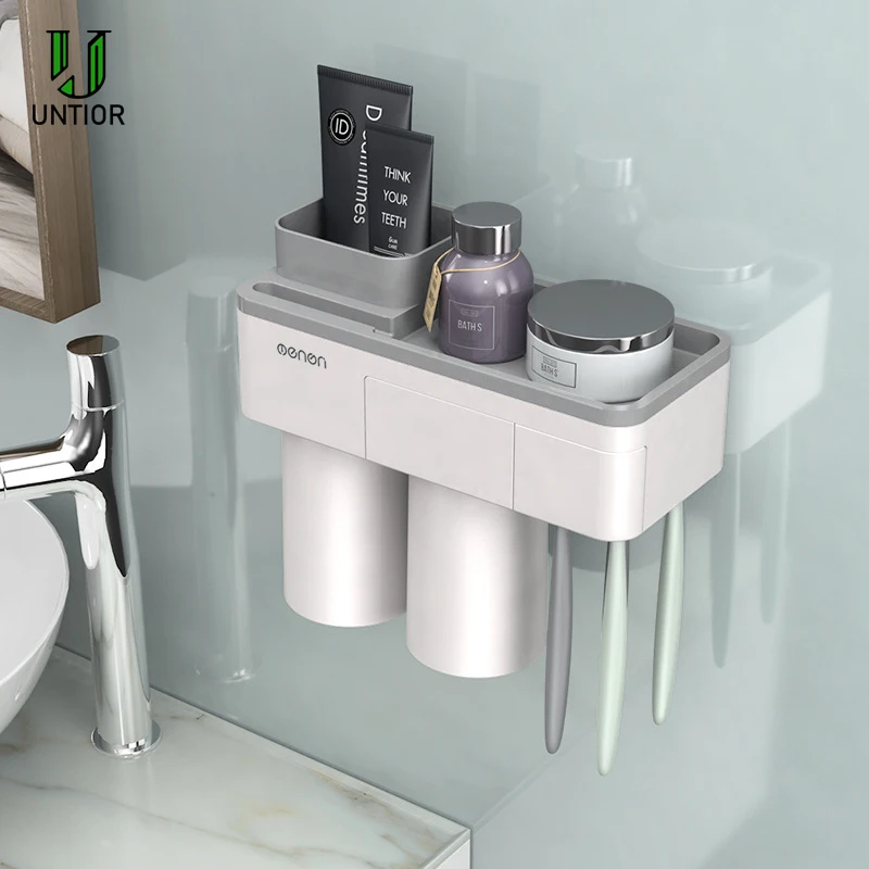 

UNTIOR Toothbrush Holder Bathroom Accessories Toothpaste Storage Organizer Home Toothbrushes Shelf Magnetic Adsorption With Cup