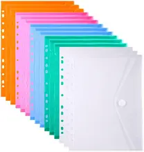 

2021 New 11 Holes A4 Size Plastic File Envelope Pocket Insert Pages for Binders, with Sturdy Velcro Closure Assorted Colors