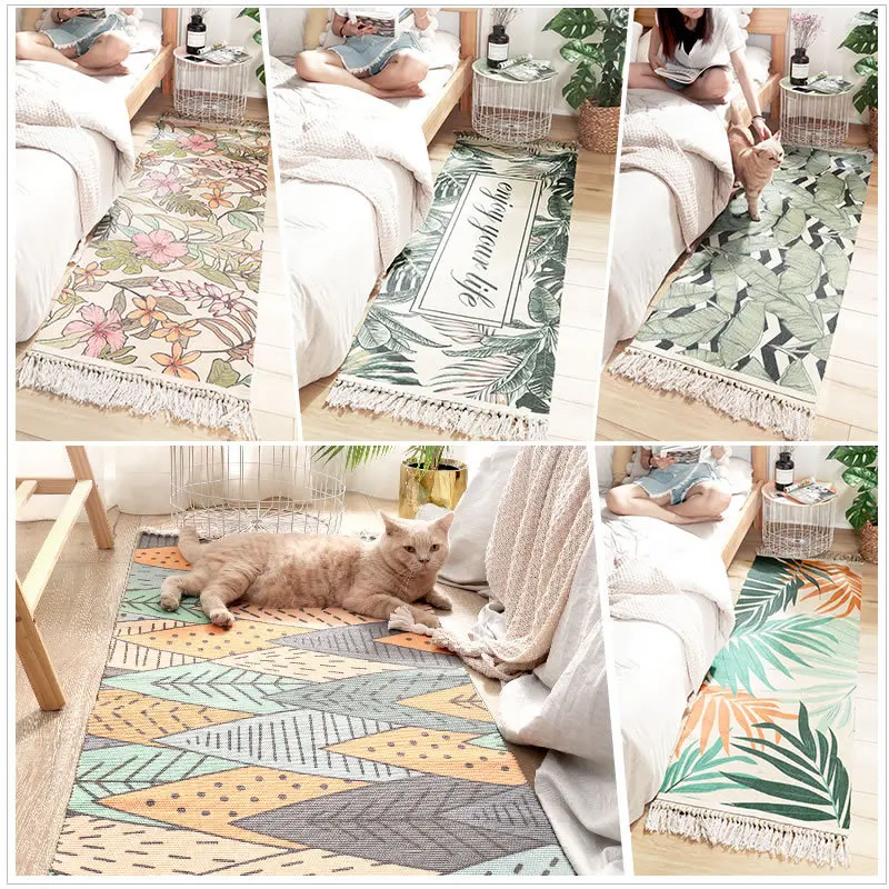 FAMIFUN/ хлопок, ковер для гостиной, прикроватный коврик для спальни, нескользящий ковер, зеленый принт с растениями, современный дизайн в богемном скандинавском стиле