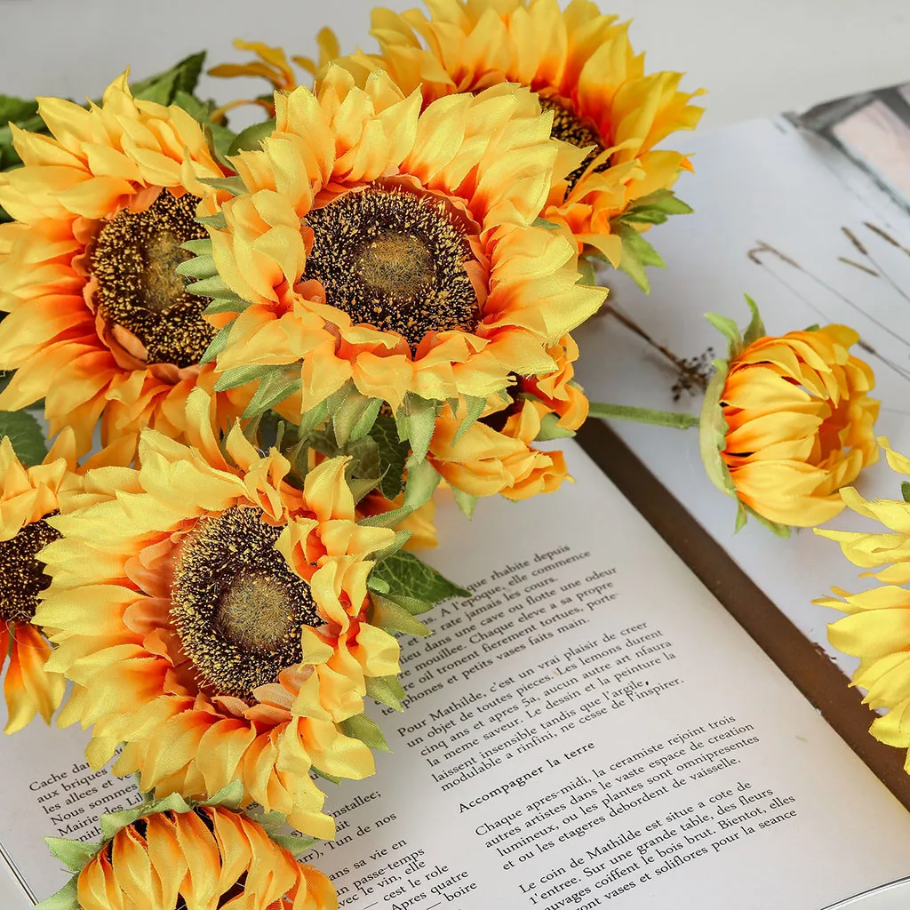 Autumn Decoration Yellow Sunflower Cloth Artificial Flowers Bouquet Bonsai For Home Wedding Decoration Office Party Garden Decor