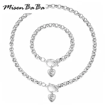 

New Design Stainless Steel Toggle Crystal Heart Pendant Necklace Bracelet For Women Charms Jewelry Sets Lovers Gift