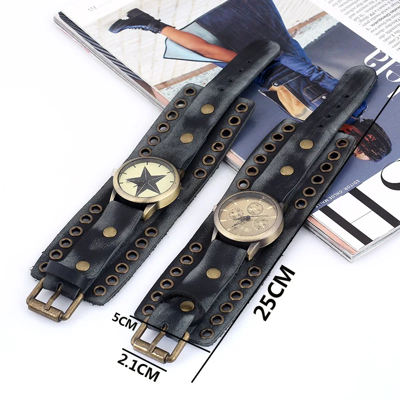 Mens Retro Black Watch Luxury Quartz Star Watch Wide Cow Leather Punk Bracelet Sport Watch Mens Gift Relogio naviforce Masculino