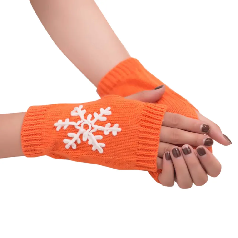 Женские зимние теплые перчатки со снежинками Рождественский трикотаж перчатки на пол пальца вышитые снежинки мягкие перчатки без пальцев для девочек женские варежки - Цвет: Orange