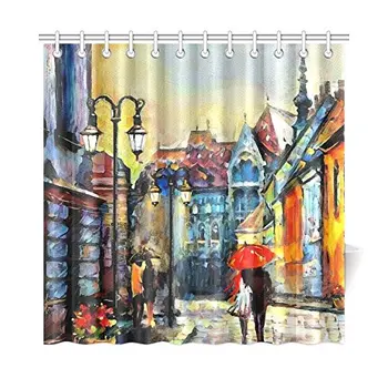 

Vintage European City Hungary Street View Painting Waterproof Shower Curtain Decor, Fabric Bathroom Set with Hooks, 72(Wide) x