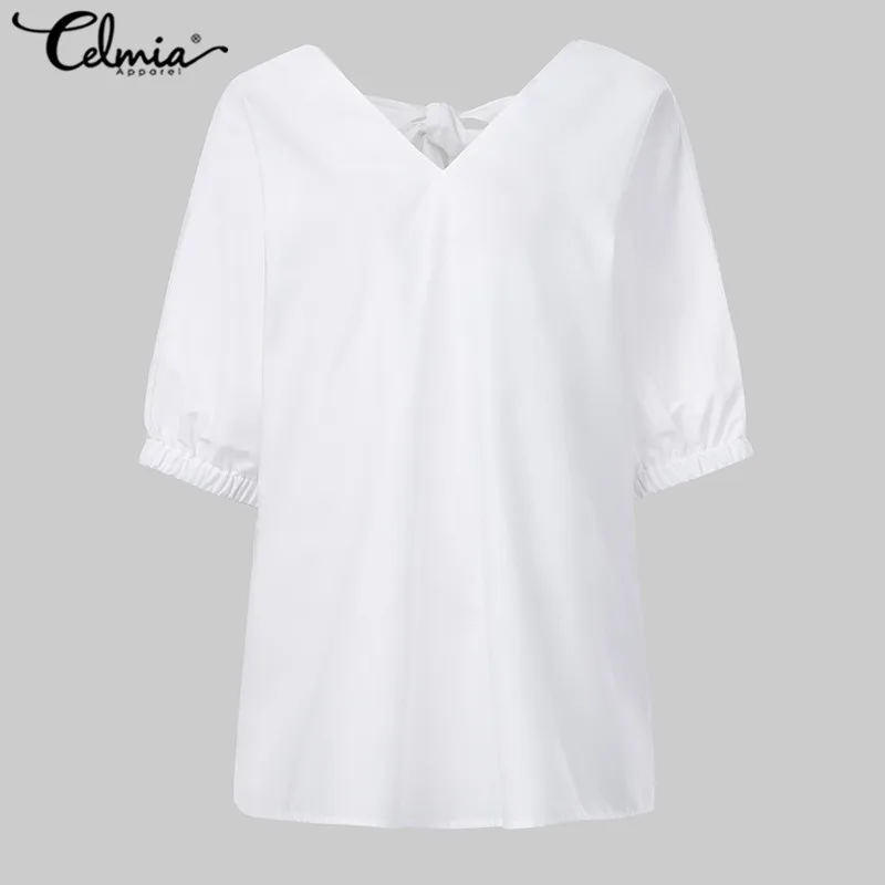  Celmia 2020 Summer Women Tops Sexy V-neck Back Bow Tie Shirts Half Sleeve Blouse Casual Loose Solid