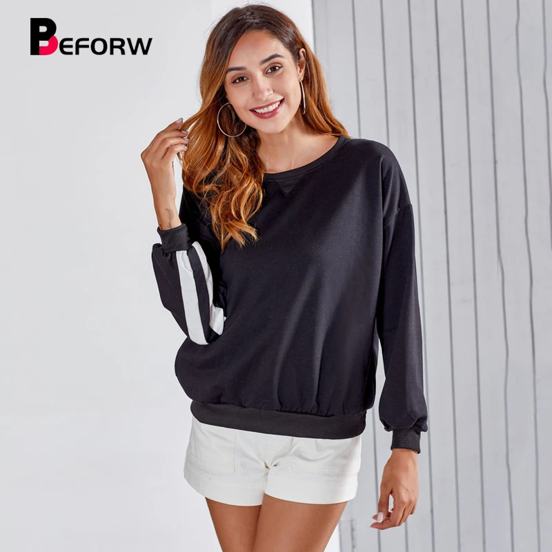 BEFORW модные новые женские зимние полосатые толстовки свободные с круглым вырезом с длинным рукавом Теплые черные толстовки женские повседневные толстовки