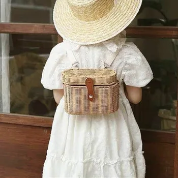 

Ins hand-woven rattan backpack children concave shape square small back basket wild children shoulder backpack snack small bag