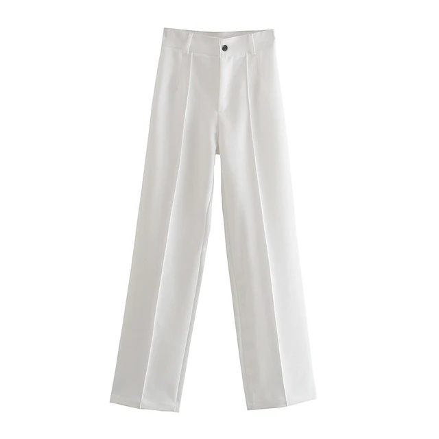 TRAF Women Chic Fashion Office Wear Straight Pants Vintage High Waist Zipper Fly Female Trousers Mujer white