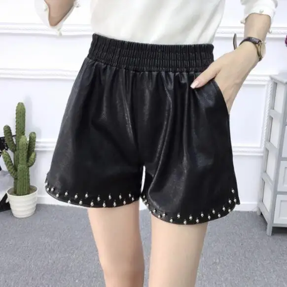 Women PU Leather shorts Autumn Winter Rivet short elastic waist wide leg shorts feminino DV261