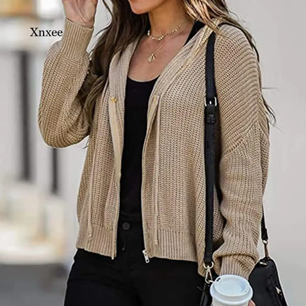 

Женский кардиган на молнии, однотонный вязаный свитер с капюшоном, Осень-зима