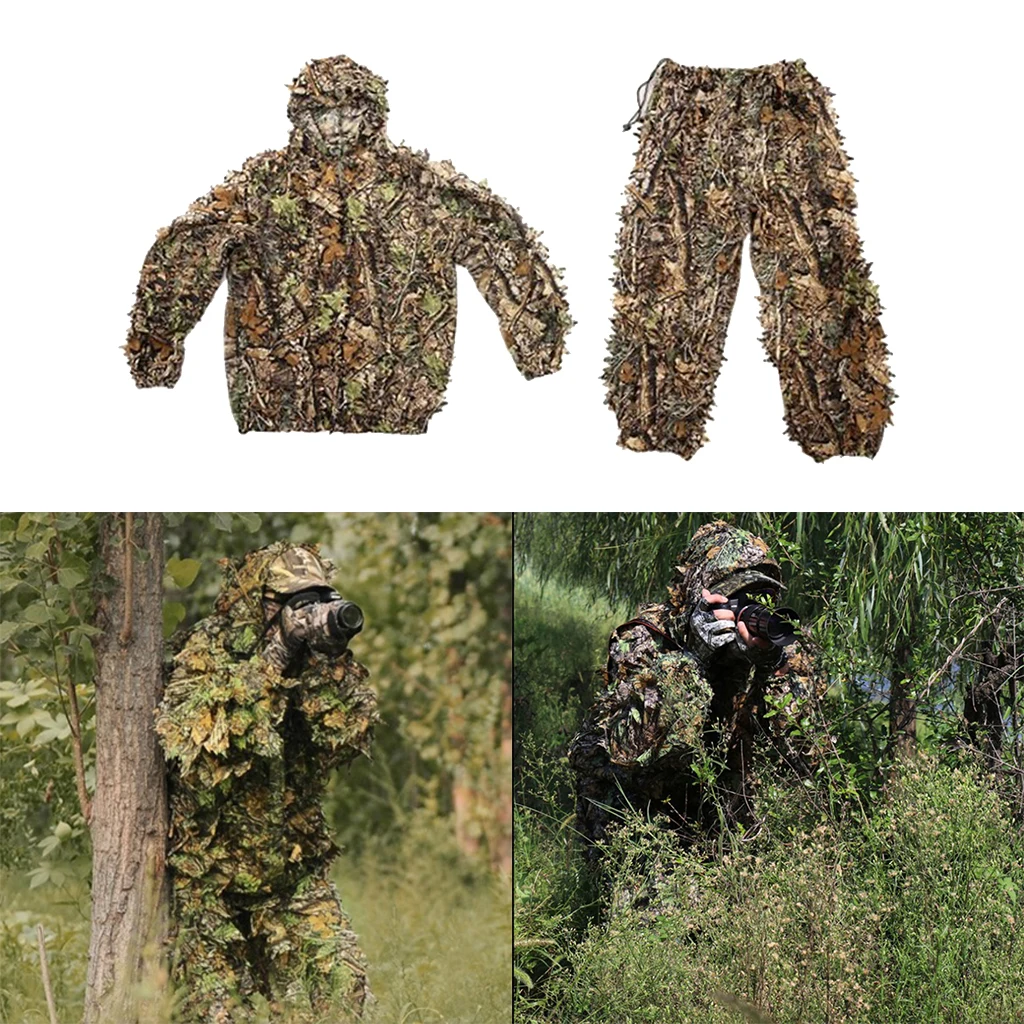 New Hunting clothes 3D Leaves Huntting Camouflage Clothes Ghillie Suit Jacket Hooded Pants Jungle Youth Adult Clothing Suit