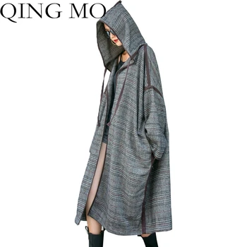 

QING MO Plaid Print Women Overcoat 2020 Autumn Hooded Plus Size Long Trench Coat Casual Women Open Stitch Overcoat LHXX229