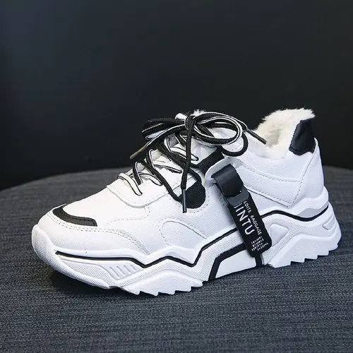 Women Sneakers Hidden Heels Winter High Top Plush Inside Warm Dad Chunky Platform Height Increasing Black Ankle Sneakers Female - Цвет: Черный