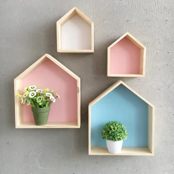 

2pcs Floating Wall Shelf Storage Shelves Display Shelf Hut Shaped Wooden Store Little Items Dolls for Home Office Decor - S+L