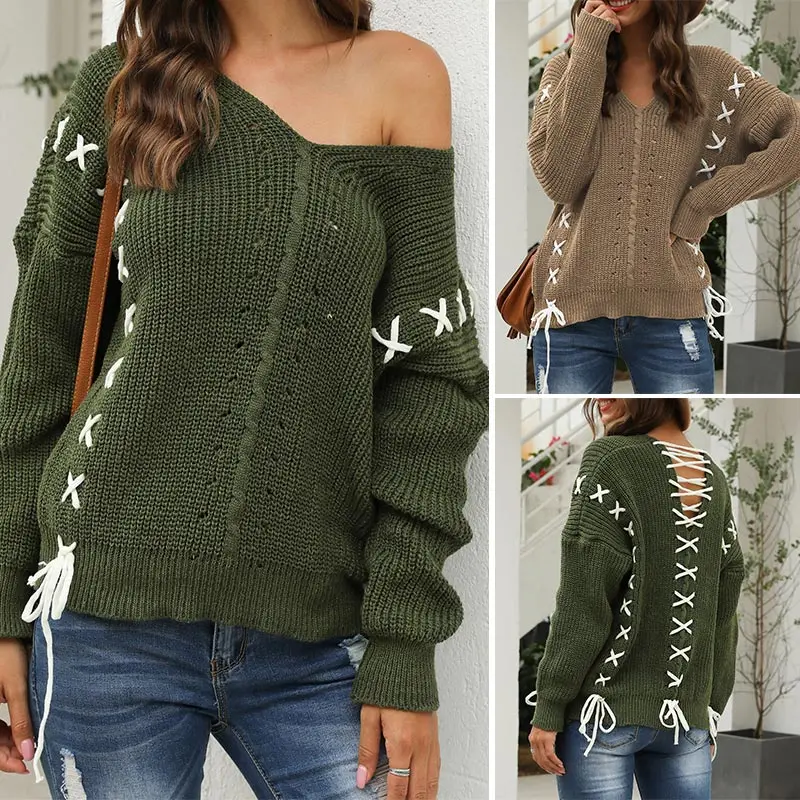 

Autumn Winter Knitted Sweaters Women Loose Sweater Pullovers Jumper V-Neck Long Sleeves Sweaterstops