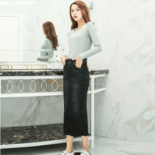 Женская джинсовая юбка миди с эластичным разрезом, юбка миди с высокой талией, элегантная Осенняя джинсовая юбка на пуговицах