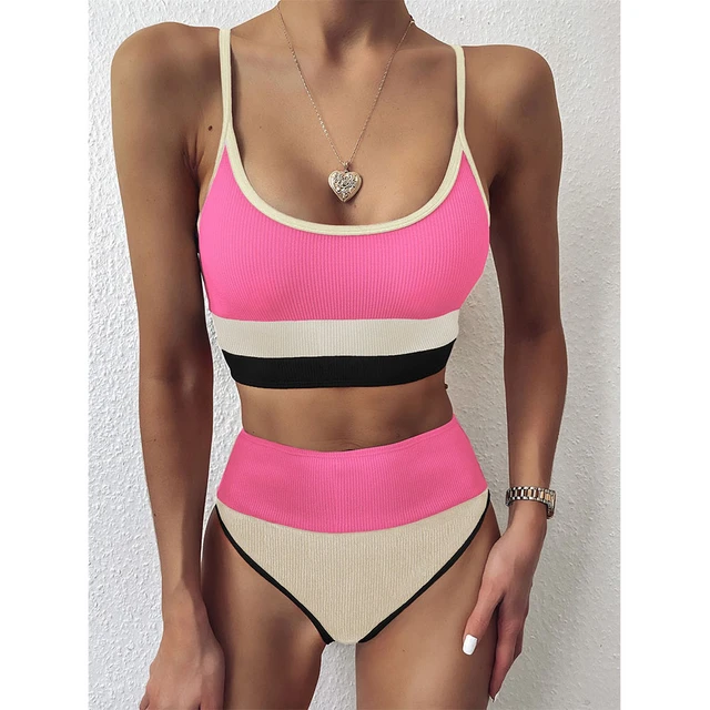 High Waist Swimwear Hot Pink Bikini Women's Swimsuit Bathing Suits Swimming  Suit For Women Beachwear Patchwork Two Piece 2022 - AliExpress