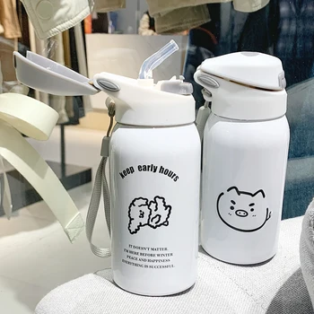 

Korea Creative Cute Straw Thermoses 304 Stainless Steel Bullet Thermos Cup with Rope 480ml Children's Portable Insulated Bottles