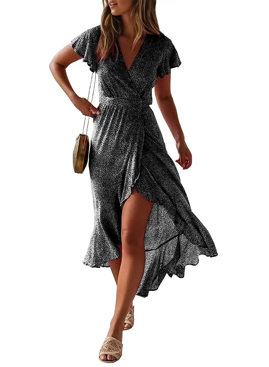 Женское богемное Платье макси с цветочным принтом V-образным вырезом и коротким