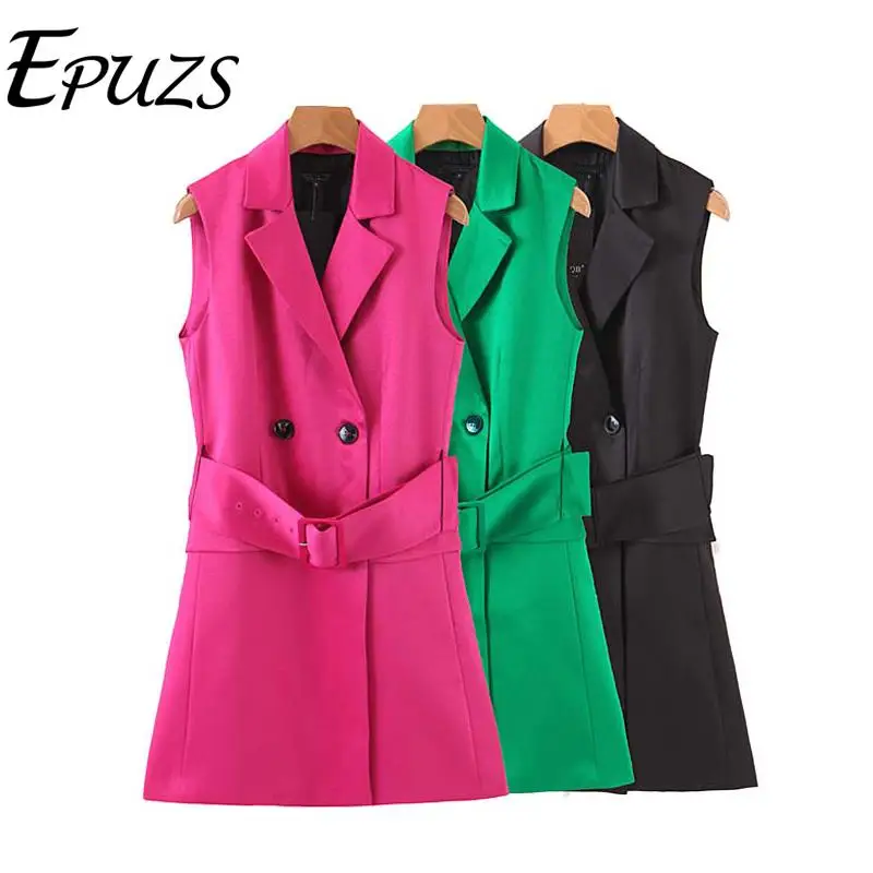

2019 autumn Double Breasted Office Vests Coat Women Notched Collar With Belt suit Outerwear Casual sleeveless jacket waistcoat