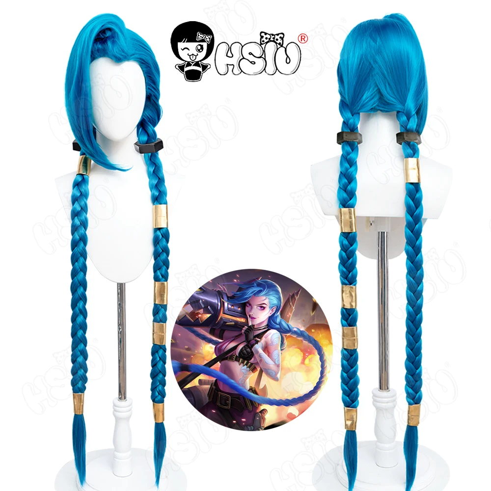 

Jinx Cosplay Wig LOL Cosplay Wig「HSIU 」Fiber synthetic wig 120cm lake blue double braid long hair+Free wig Cap LOL Wig