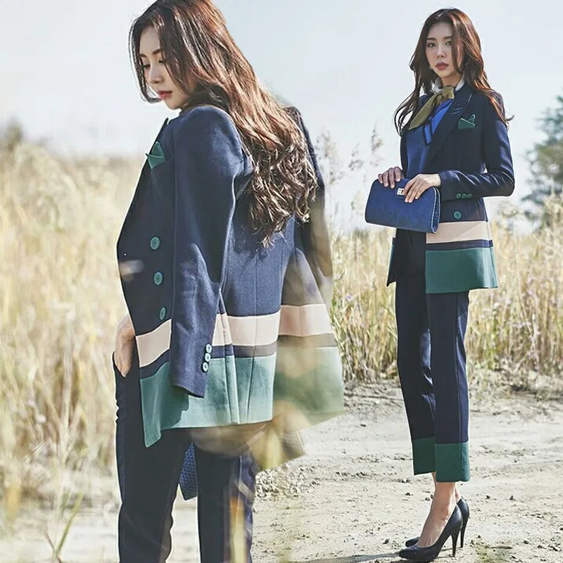 

2019 Autumn Clothing New Style Korean-style Fashion Casual Contrast Color Suit Mid-length Two-Piece Women's