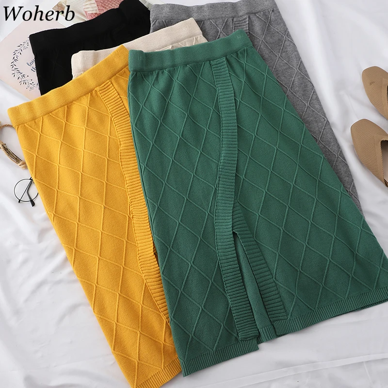 

Woherb Women Split Bodycon Elegant Midi Pencil Skirt Autumn Winter Clothes Knitted High Waist Plaid Skirts Jupe Femme Faldas