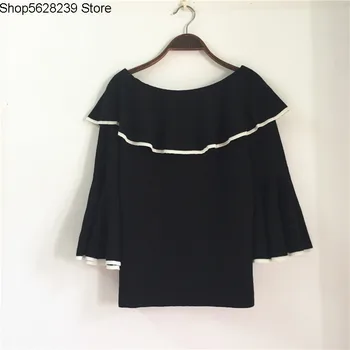 

Wool Cashmere Winter Women's Wear Sweater Backing Shirt One Word Collar Seven Points Horn Sleeve Knitting Shirt