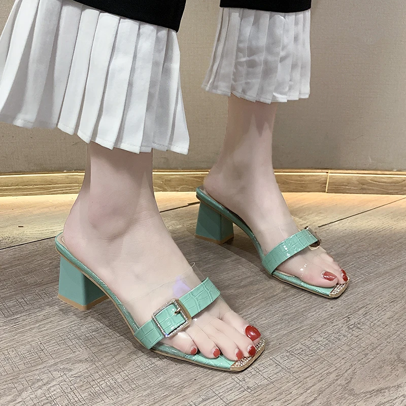 

Pvc Slippers with Metal Buckle Women Square Heel Slippers Sandals Summer Outdoor Transparent Open Toe Heels Women 2020