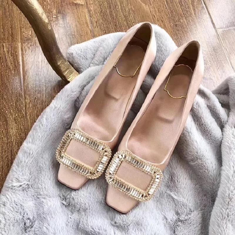 

Spring rhinestone square buckle mid-heel square toe thick heel single shoes satin high-heel bridal party dress women's shoes