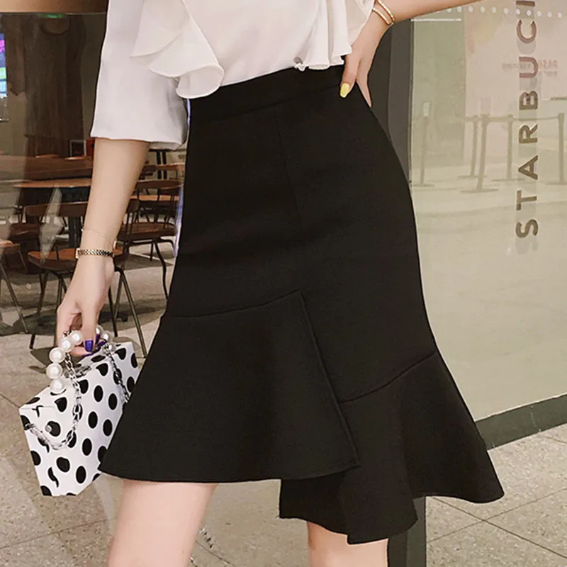 

High Waisted Autumn Asymmetrical Skirt Woman Lady Trendy 2020 Vintage Midi Skirt Women Clothes Korean Style Black Knee Length