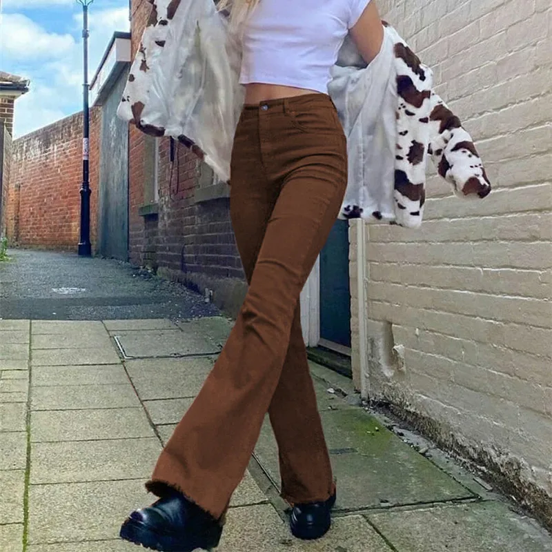 

Flared Pants Women High Waisted Stretch Trousers Vintage Solid Color Jeans for Female Streetwear Bell Bottom Pants Pantalones