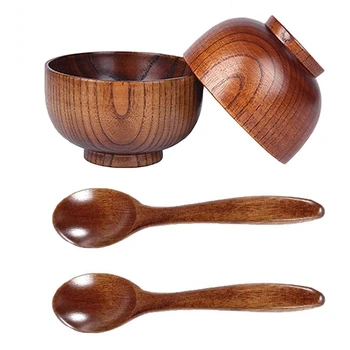 

Wood Spoons Bowl Set,Wooden Handmade Flatware Tableware Cutlery Soup Rice Bowls Serving Tableware for Eating,Rice,Soup