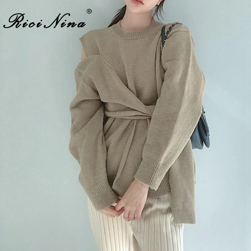 RICININA Women Sweaters And Pullovers Knitted Jumper Long Sleeve Hollow Out Bandage Solid Elegant Sweater Women Wool Top
